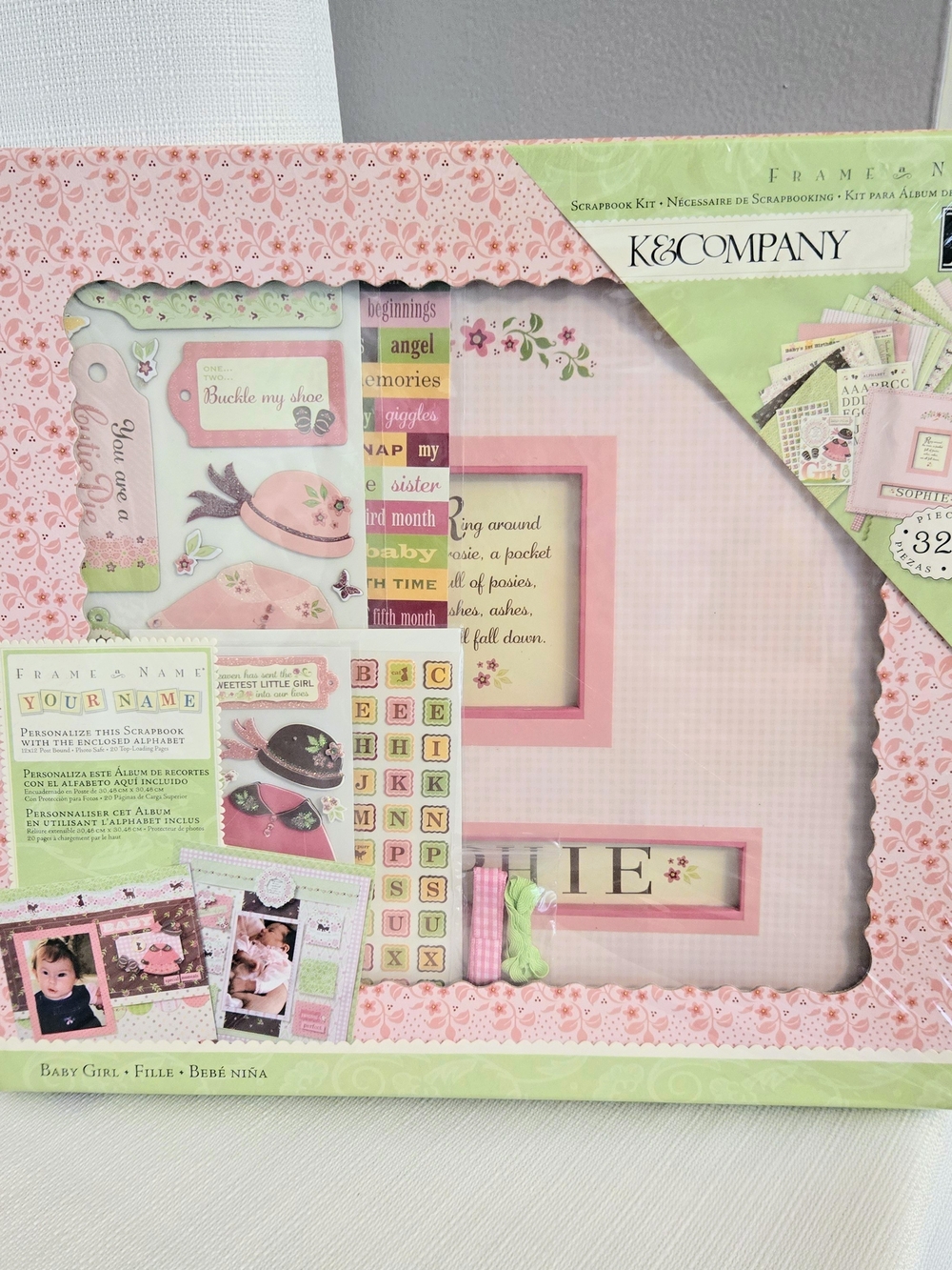 K & Company Baby Girl Scrapbook Kit Frame A Name Pink Gingham Stickers Embellish